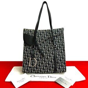 Dior Trotter Pattern Saddle Flap Canvas Leather Tote